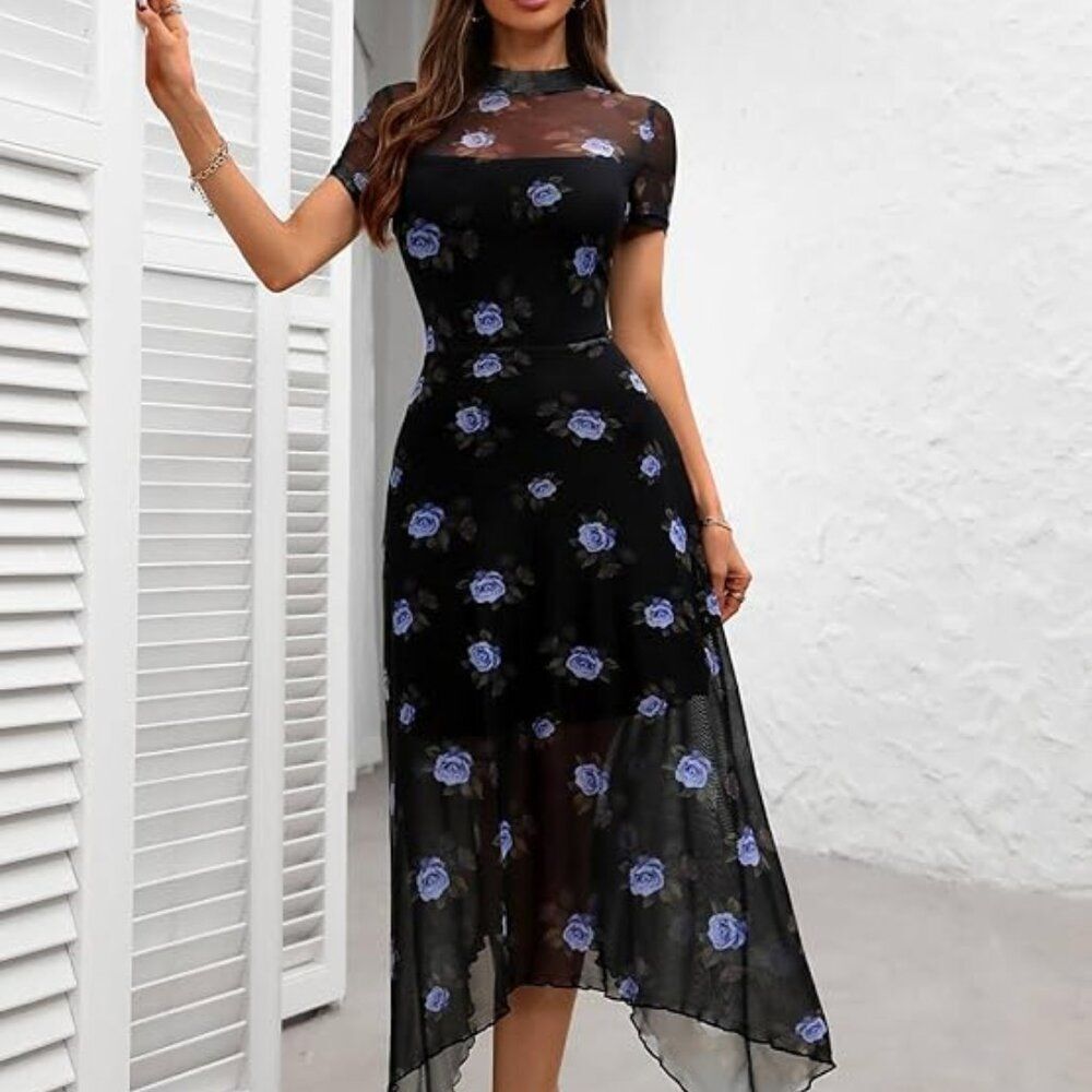 GothDark Whimsy goth Mesh Spliced Double Layer Gothic Y2K Midi Dress XS